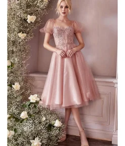 Unique Vintage Special Occasion|All Things Pink>Cinderella Divine Blush Pink Glitter Floral Swing Prom Dress