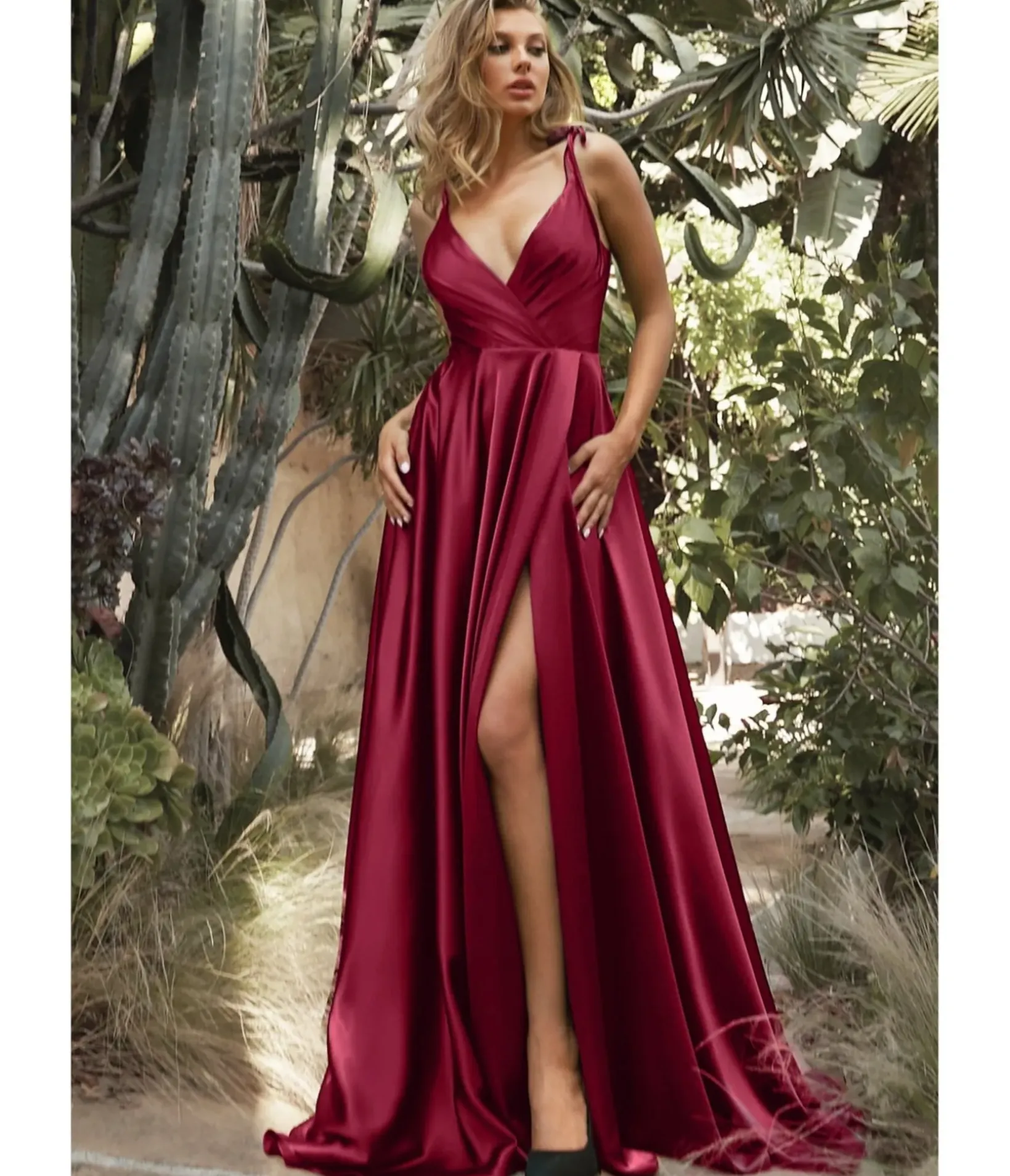 Unique Vintage Special Occasion|Prom Dresses>Cinderella Divine Burgundy Flowy Satin A-Line Bridesmaid Gown