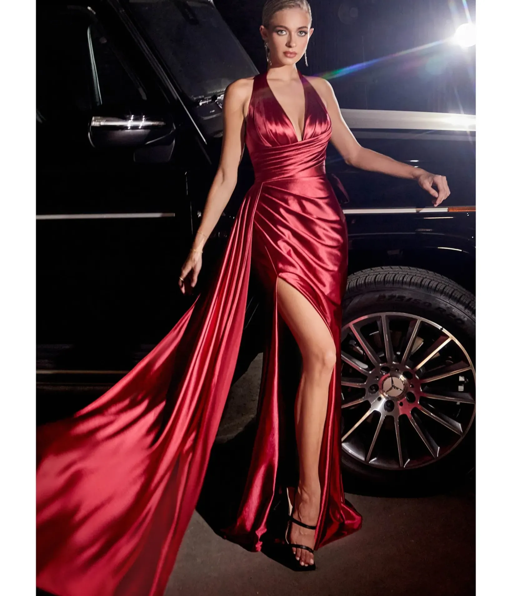 Unique Vintage Special Occasion|Prom Dresses>Cinderella Divine Burgundy Pleated Satin Halter Fitted Slit Dress
