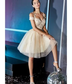 Unique Vintage Special Occasion|Prom Dresses>Cinderella Divine Champagne Glitter Tulle Cold Shoulder Homecoming Dress