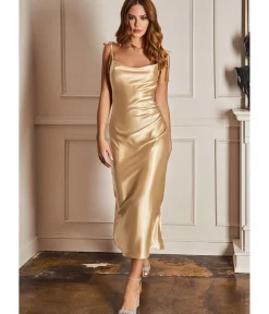 Unique Vintage Special Occasion|Under $100>Cinderella Divine Champagne Gold Satin Slip Homecoming Midi Dress