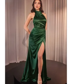 Unique Vintage Special Occasion|Bridesmaid Dresses>Cinderella Divine Deep Emerald Fitted Satin Halter Bridesmaid Dress