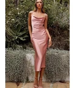 Unique Vintage Special Occasion|Under $100>Cinderella Divine Desert Rose Satin Slip Homecoming Midi Dress
