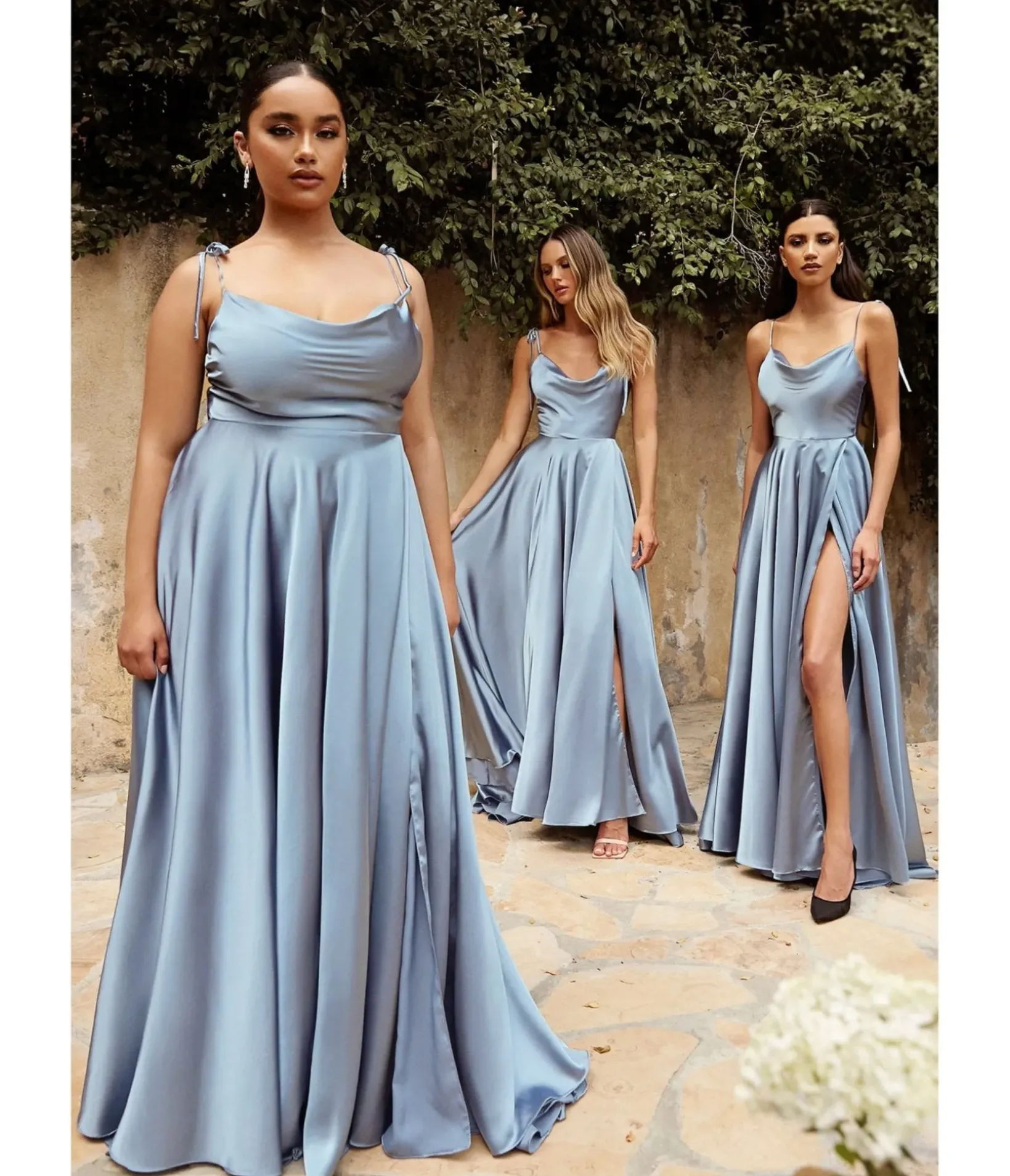 Unique Vintage Special Occasion|Prom Dresses>Cinderella Divine Dusty Blue Liquid Satin Prom Gown