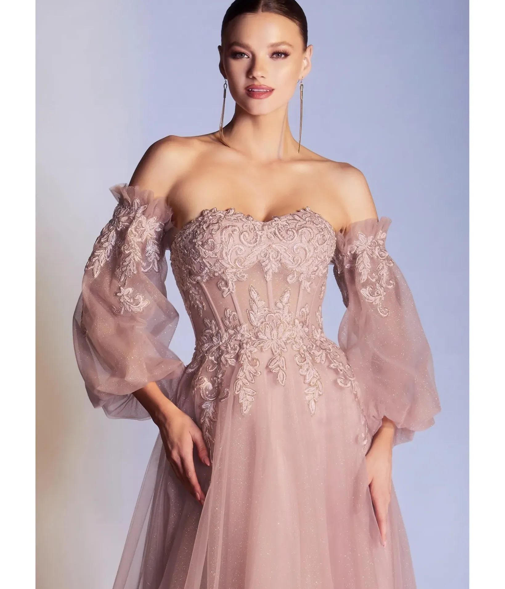 Unique Vintage Special Occasion|Prom Dresses>Cinderella Divine Dusty Rose Glitter Off The Shoulder Corset Prom Gown