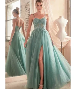 Unique Vintage Special Occasion|Prom Dresses>Cinderella Divine Dusty Teal Foliage Applique Corset Tulle Gown