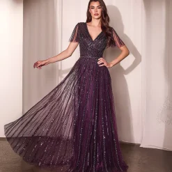 Unique Vintage Special Occasion|Prom Dresses>Cinderella Divine Eggplant Beaded Short Sleeve A-Line Prom Dress