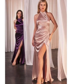 Unique Vintage Special Occasion|Prom Dresses>Cinderella Divine Eggplant Fitted Satin Halter Bridesmaid Dress