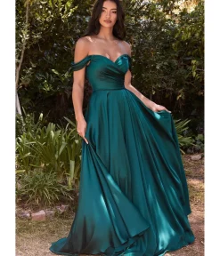 Unique Vintage Special Occasion|Prom Dresses>Cinderella Divine Emerald Satin Off The Shoulder Bridesmaid Gown