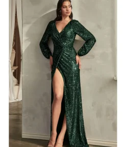 Unique Vintage Special Occasion|Prom Dresses>Cinderella Divine Emerald Sequin Long Sleeve Slit Evening Gown