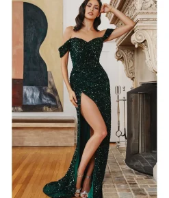Unique Vintage Special Occasion|Prom Dresses>Cinderella Divine Emerald Velvet Glittering Sequin Bridesmaid Gown