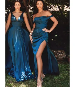 Unique Vintage Special Occasion|Prom Dresses>Cinderella Divine French Navy Glamour Satin Plunge A-Line Bridesmaid Dress