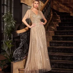 Unique Vintage Special Occasion|Prom Dresses>Cinderella Divine Gold Beaded Short Sleeve A-Line Prom Dress
