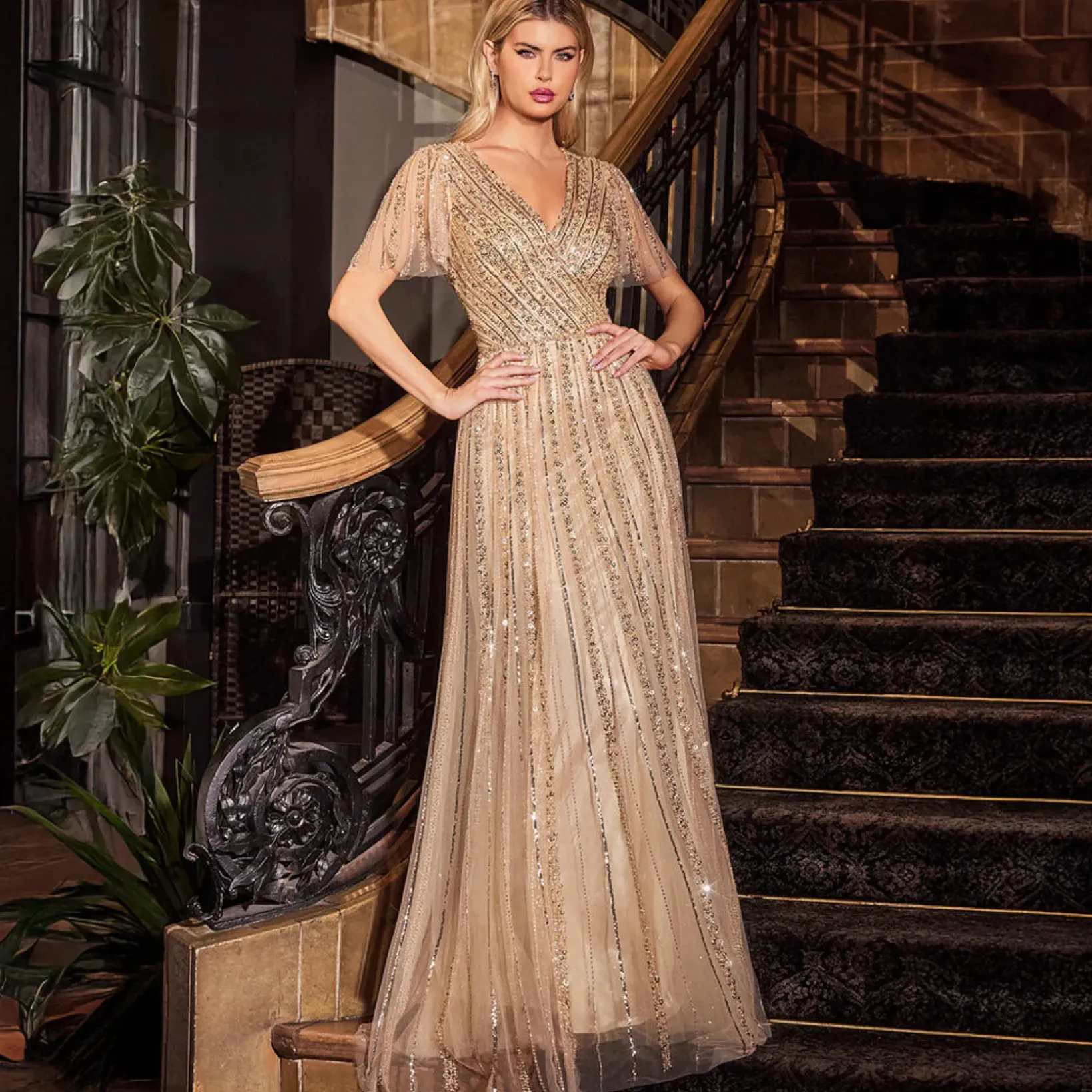 Unique Vintage Special Occasion|Prom Dresses>Cinderella Divine Gold Beaded Short Sleeve A-Line Prom Dress