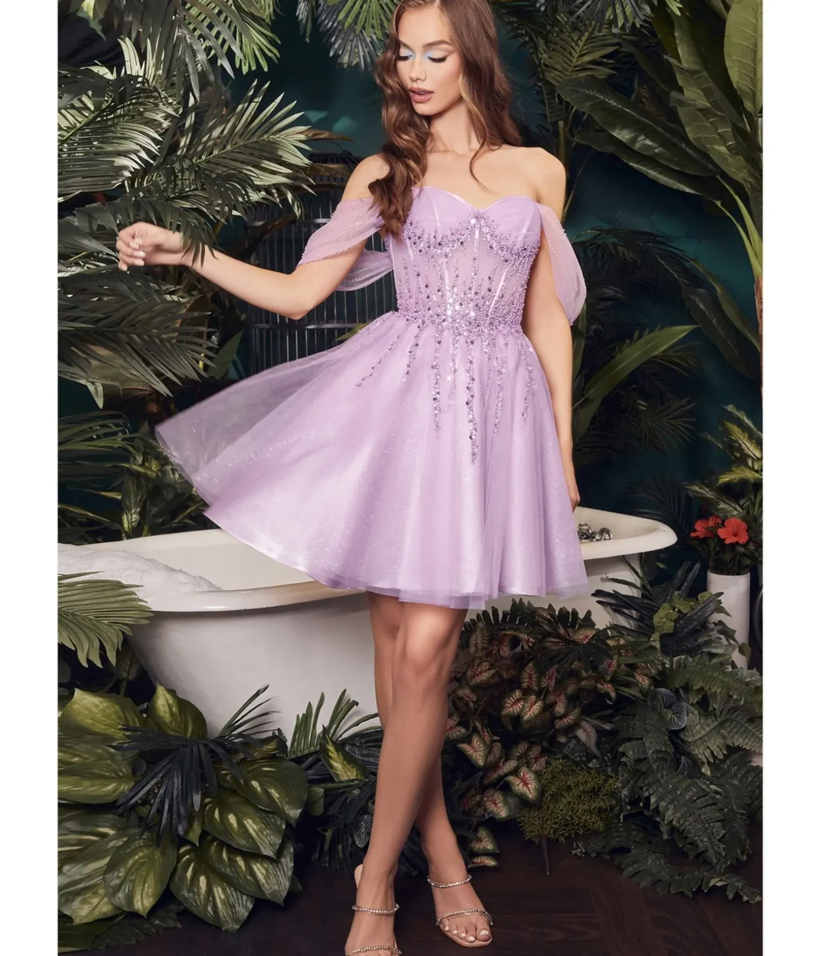 Unique Vintage Special Occasion|Prom Dresses>Cinderella Divine Lavender Glitter Tulle Off Shoulder Corset Mini Dress