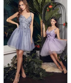 Unique Vintage Special Occasion|Prom Dresses>Cinderella Divine Lavender Rhinestone 3D Floral & Tulle Flare Homecoming Dress