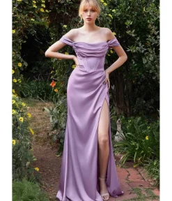 Unique Vintage Special Occasion|Prom Dresses>Cinderella Divine Lavender Satin Off the Shoulder Corset Bridesmaid Gown