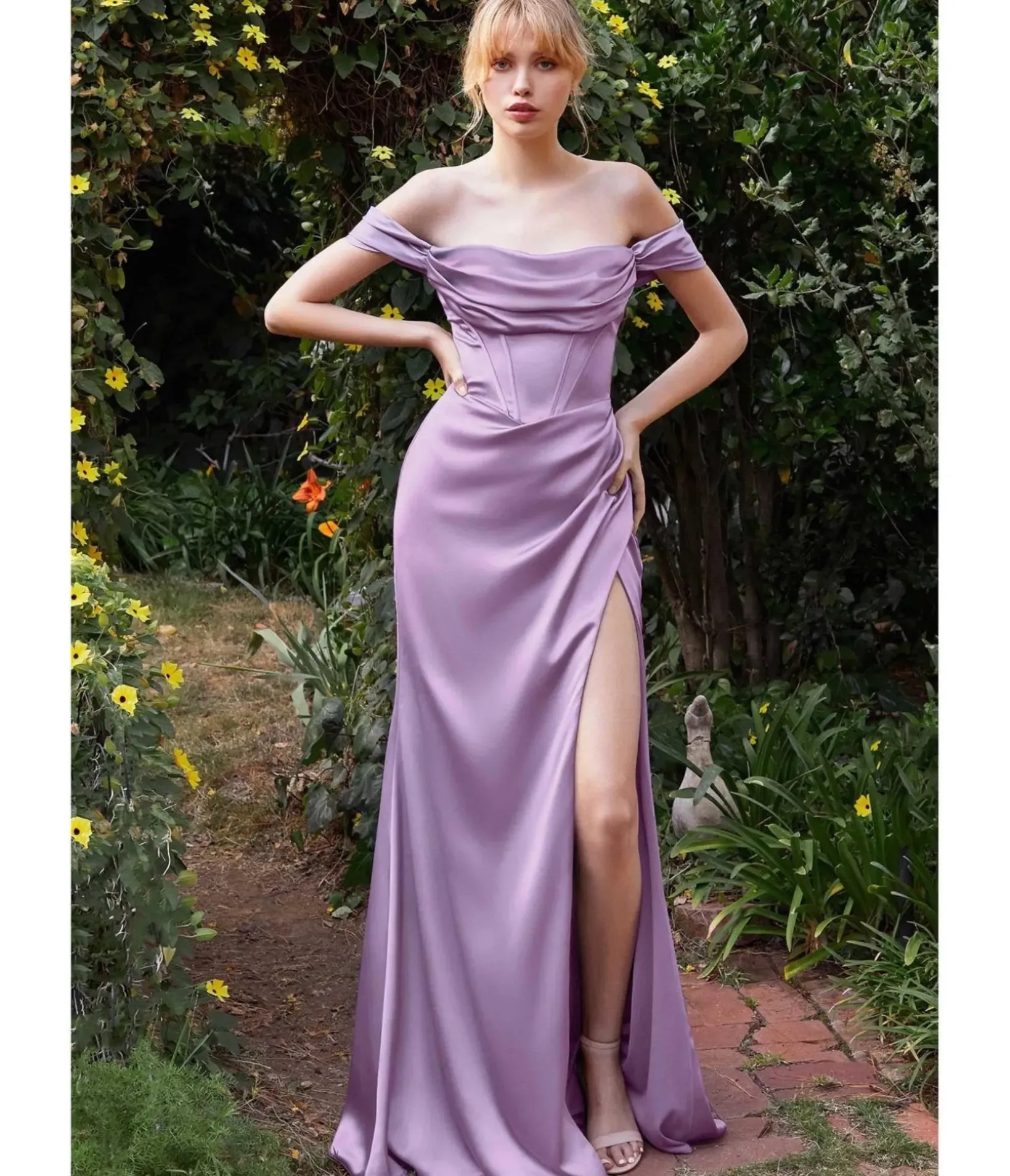 Unique Vintage Special Occasion|Prom Dresses>Cinderella Divine Lavender Satin Off the Shoulder Corset Bridesmaid Gown