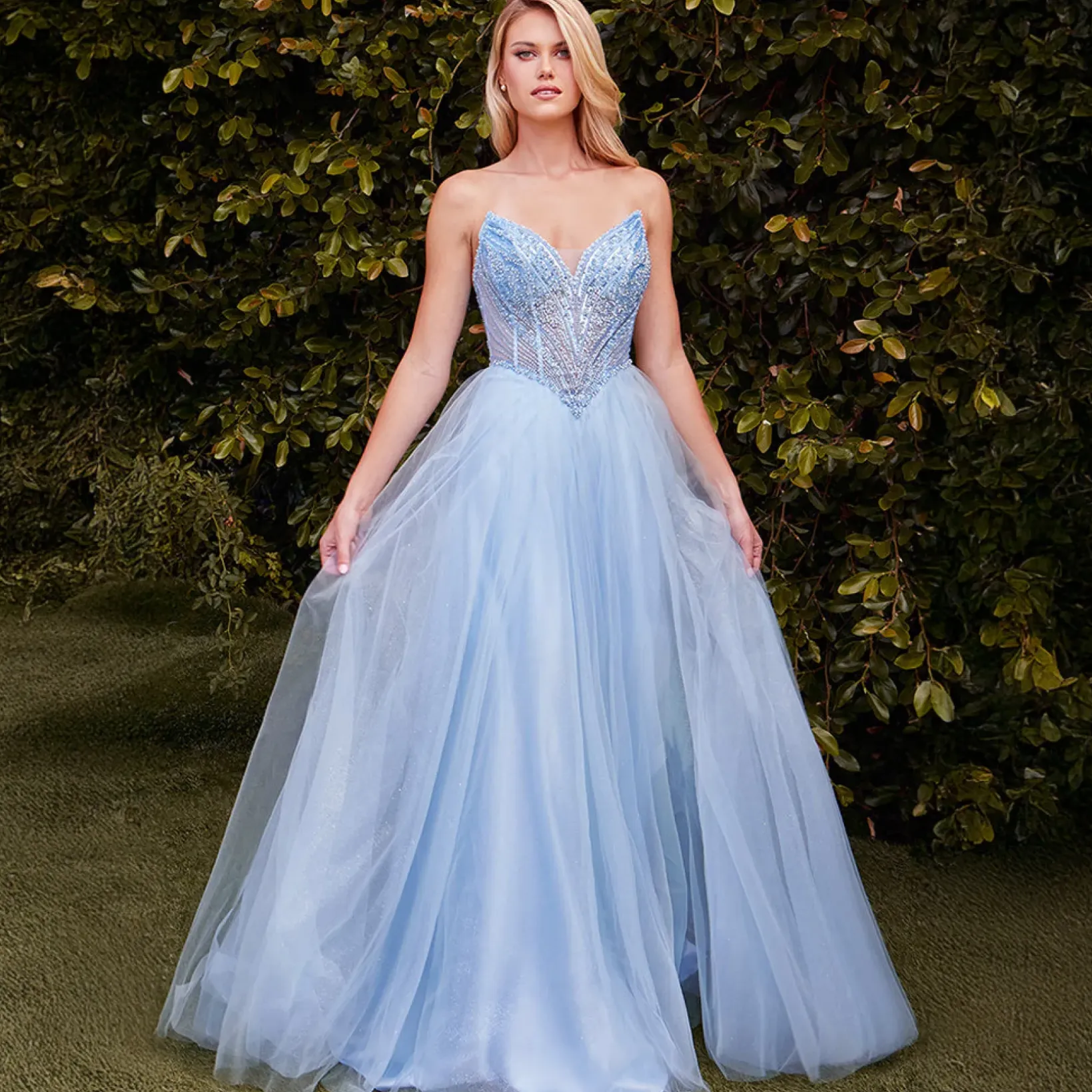 Unique Vintage Special Occasion|Prom Dresses>Cinderella Divine Light Blue Beaded Strapless Tulle Prom Dress