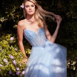 Unique Vintage Special Occasion|Prom Dresses>Cinderella Divine Light Blue Beaded Strapless Tulle Prom Dress