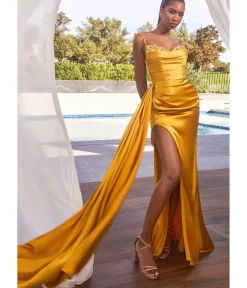 Unique Vintage Special Occasion|Prom Dresses>Cinderella Divine Marigold Satin High Slit Prom Gown