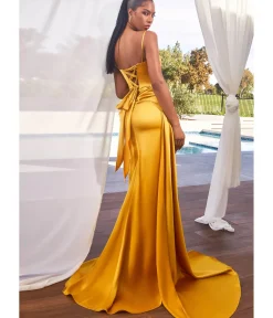 Unique Vintage Special Occasion|Prom Dresses>Cinderella Divine Marigold Satin High Slit Prom Gown