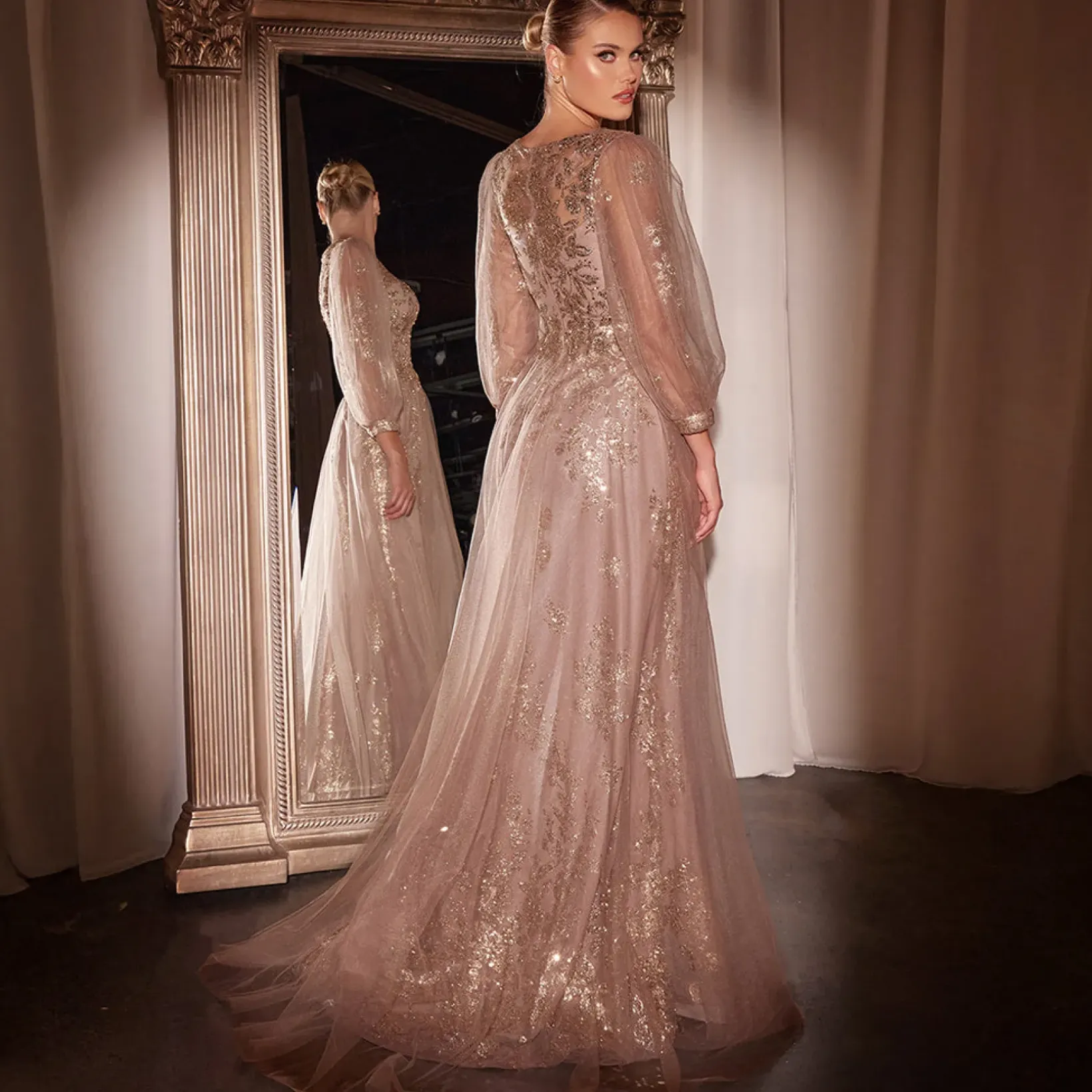 Unique Vintage Special Occasion|Prom Dresses>Cinderella Divine Mauve Beaded Long Sleeve A-Line Prom Dress