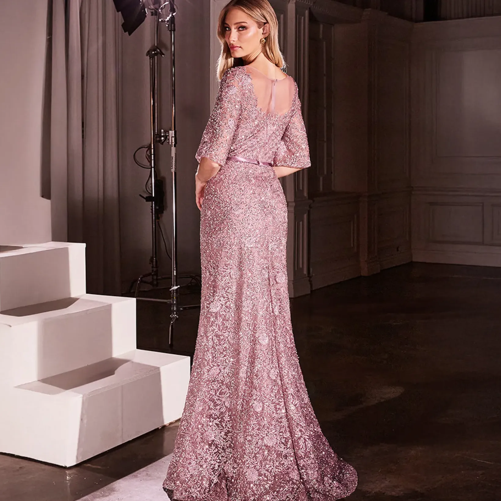 Unique Vintage Special Occasion|Prom Dresses>Cinderella Divine Mauve Lace Fitted Mid-Sleeve Prom Dress