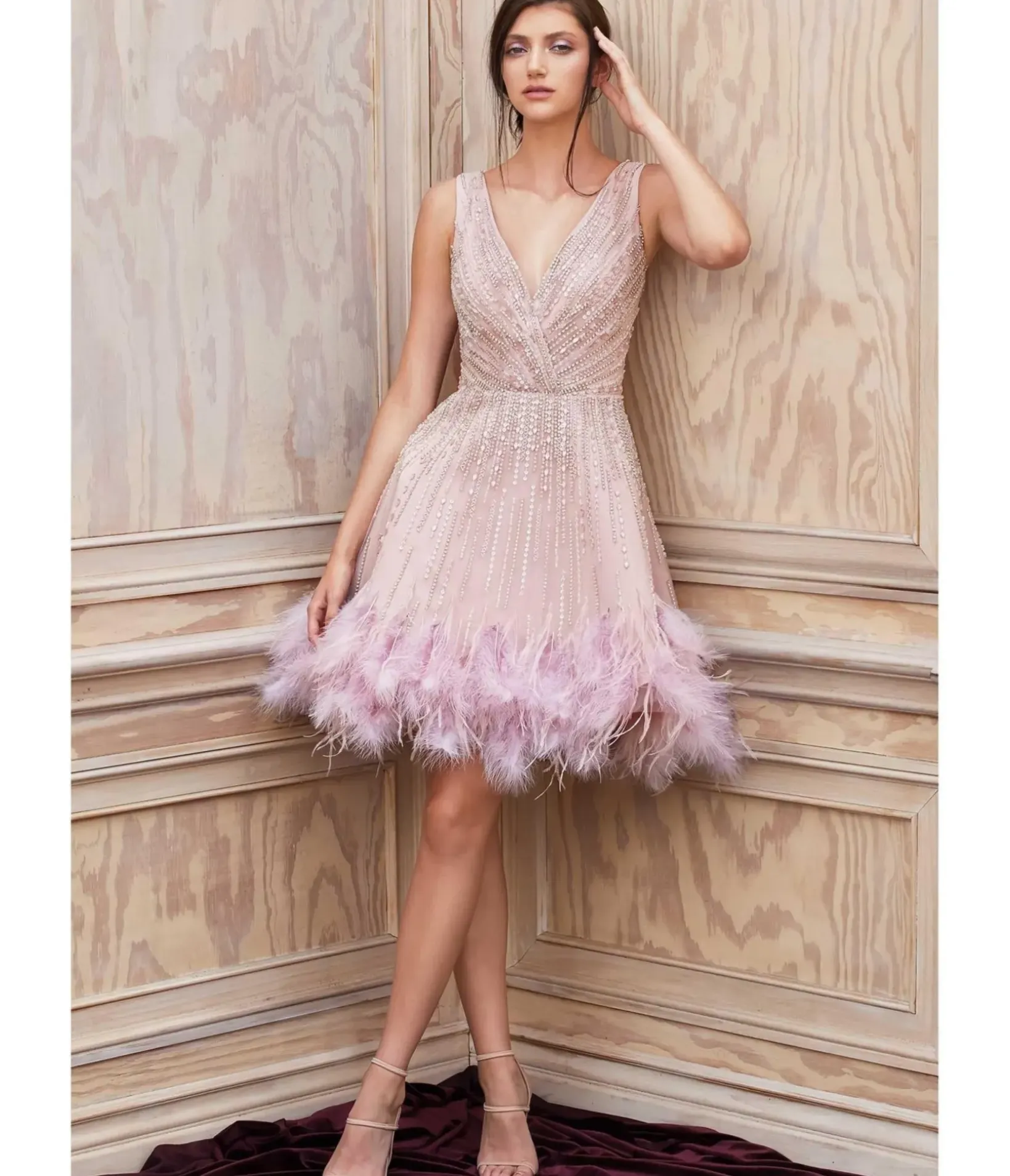Unique Vintage Special Occasion|Prom Dresses>Cinderella Divine Mauve Rhinestone & Feather Hem Bridesmaid Cocktail Dress
