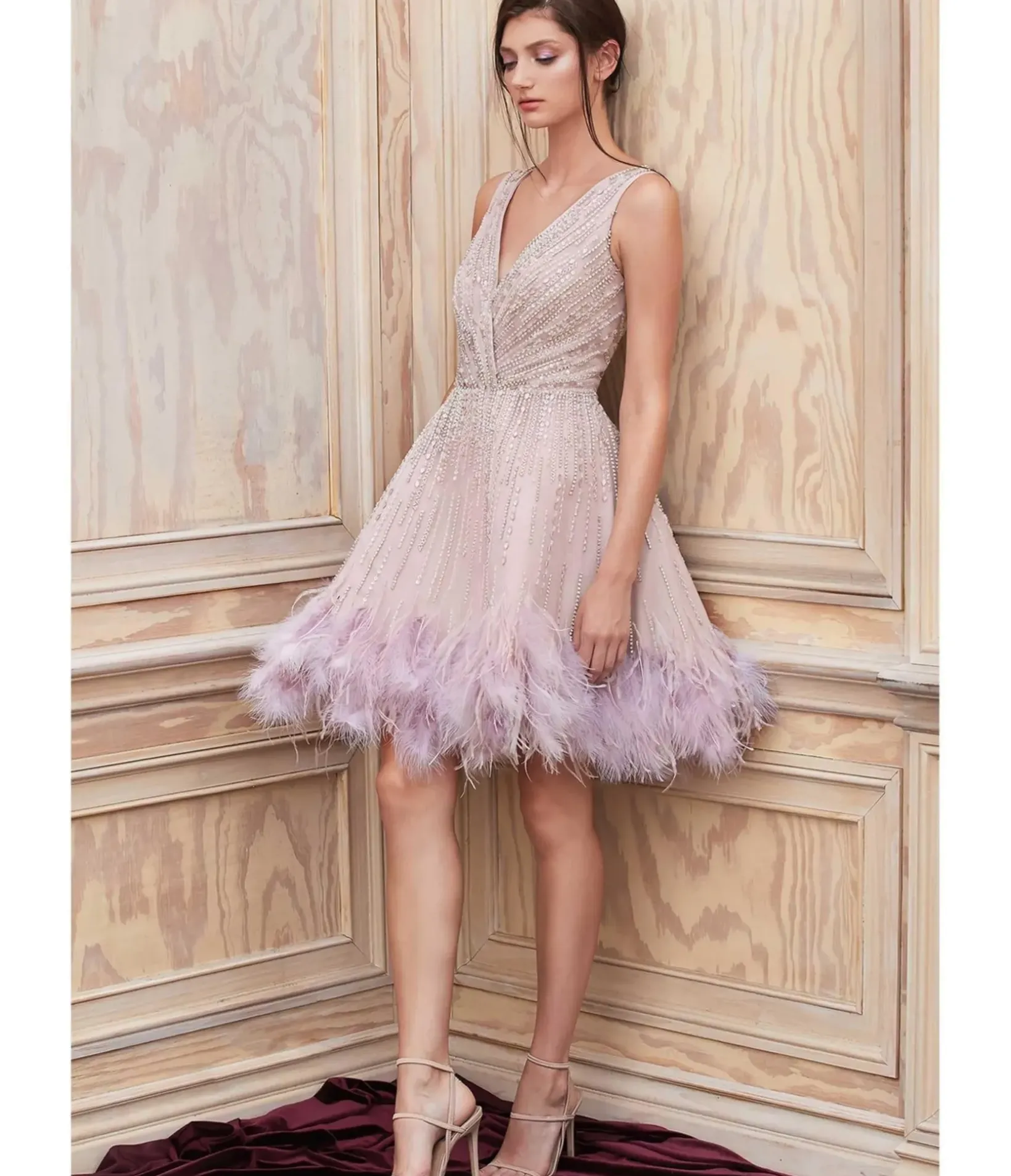 Unique Vintage Special Occasion|Prom Dresses>Cinderella Divine Mauve Rhinestone & Feather Hem Bridesmaid Cocktail Dress