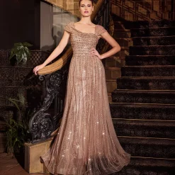Unique Vintage Special Occasion|Prom Dresses>Cinderella Divine Mocha Gold Beaded Off Shoulder A-Line Prom Dress