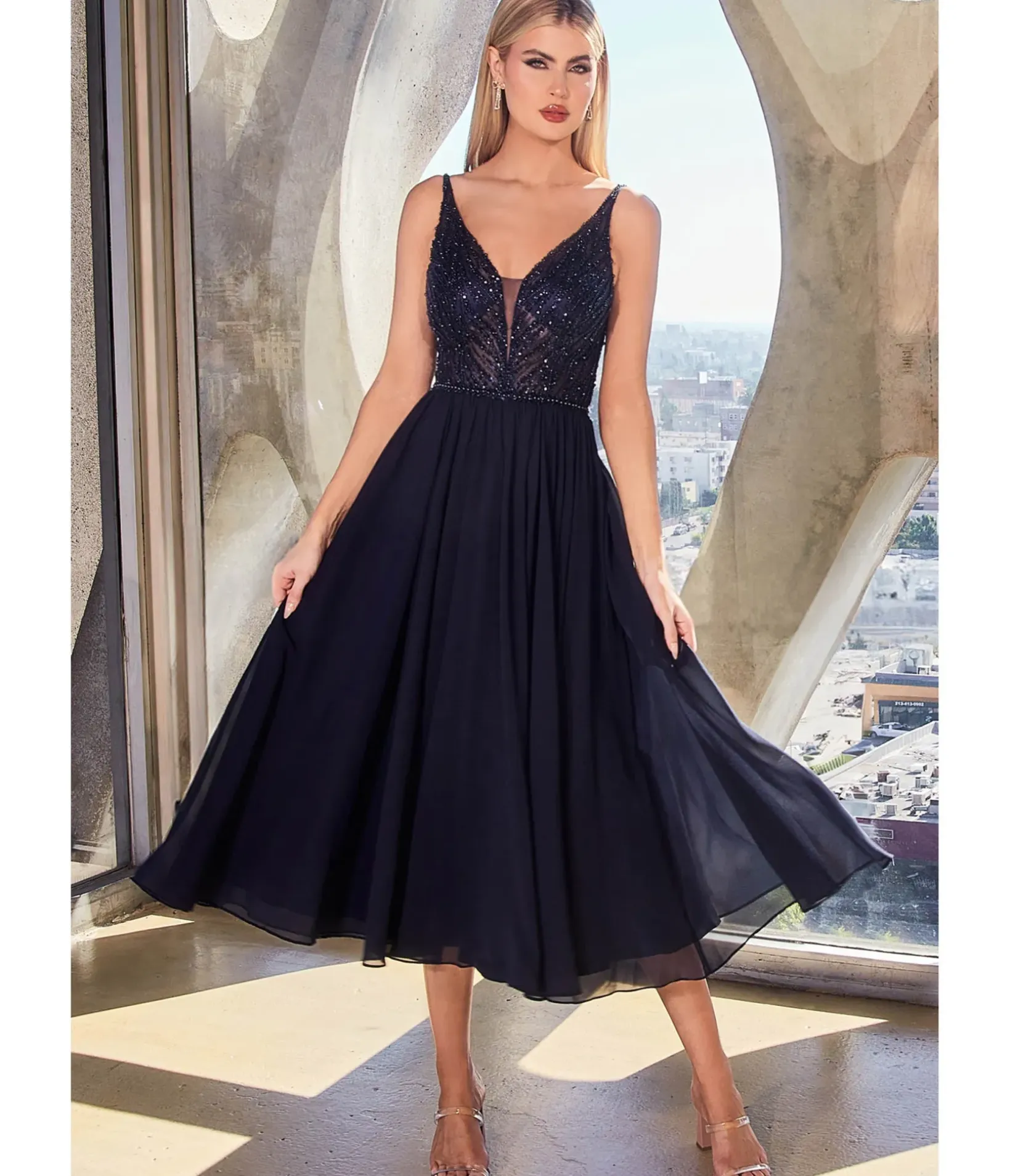 Unique Vintage Special Occasion|Prom Dresses>Cinderella Divine Navy Beaded Chiffon Tea Length Dress