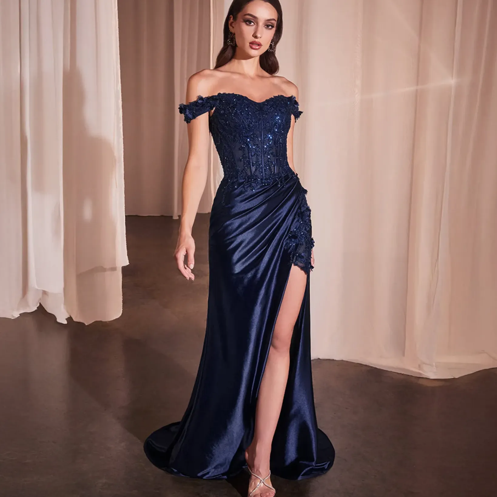 Unique Vintage Special Occasion|Prom Dresses>Cinderella Divine Navy Fitted 3D Floral Corset Prom Dress