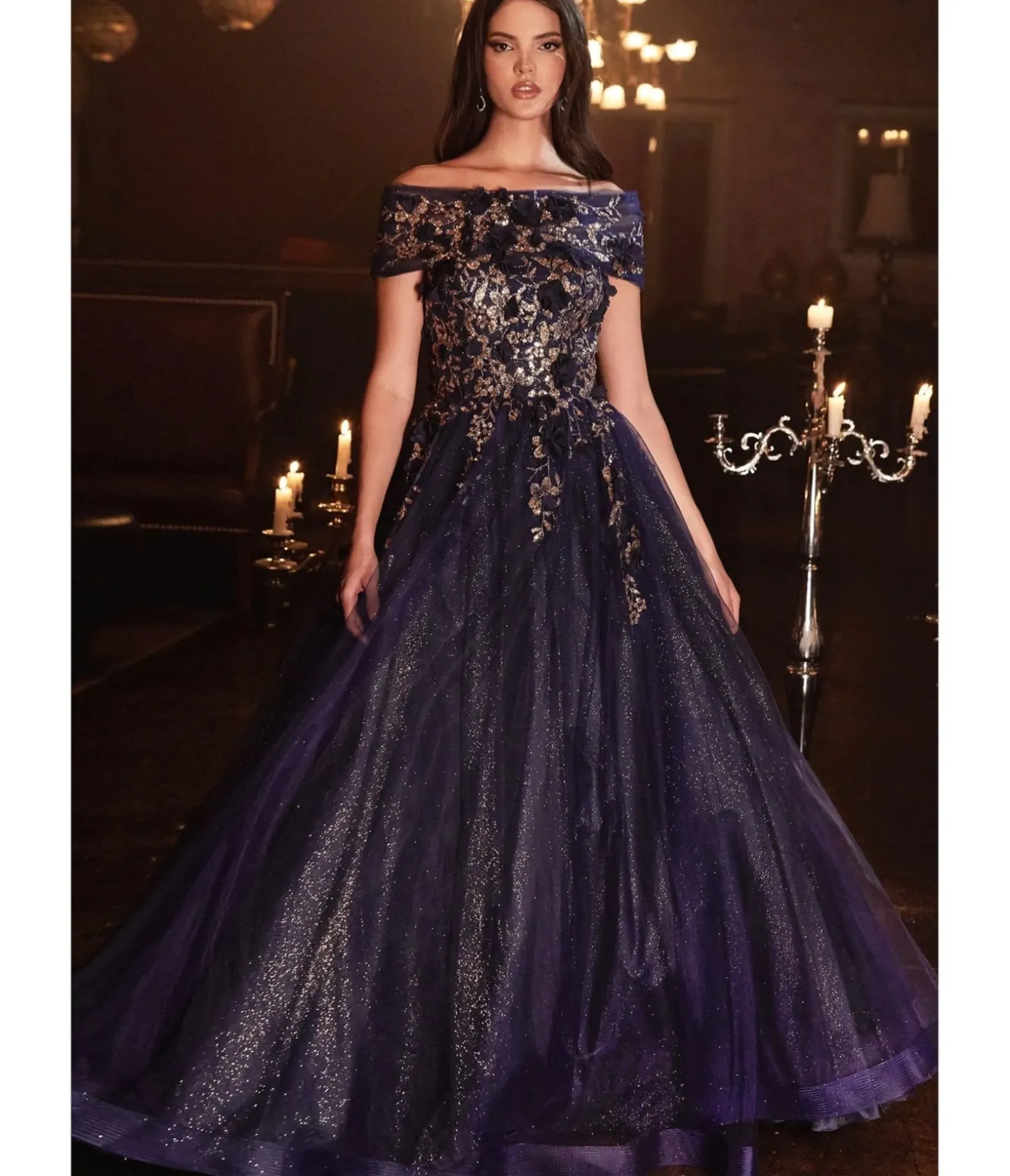 Unique Vintage Special Occasion|Prom Dresses>Cinderella Divine Navy & Gold Off The Shoulder Magical Glitter Prom Ball Gown