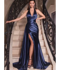 Unique Vintage Special Occasion|Prom Dresses>Cinderella Divine Navy Pleated Satin Halter Fitted Slit Dress