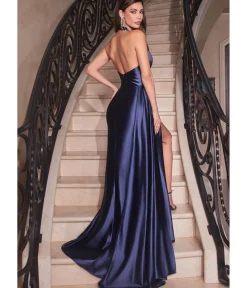 Unique Vintage Special Occasion|Prom Dresses>Cinderella Divine Navy Pleated Satin Halter Fitted Slit Dress