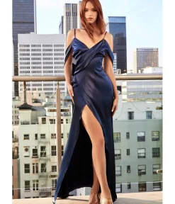 Unique Vintage Bridesmaid Dresses|Wedding Guest>Cinderella Divine Navy Satin Draped Cowl Back Bridesmaid Dress