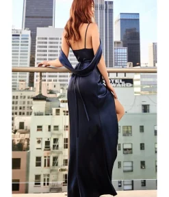 Unique Vintage Bridesmaid Dresses|Wedding Guest>Cinderella Divine Navy Satin Draped Cowl Back Bridesmaid Dress