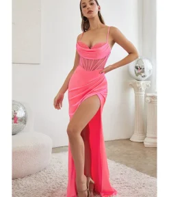 Unique Vintage Special Occasion|All Things Pink>Cinderella Divine Neon Pink Satin Beaded Draped Corset Prom Dress