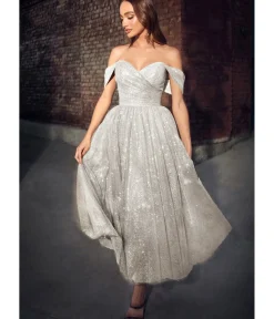 Unique Vintage Special Occasion|Prom Dresses>Cinderella Divine Off White Glitter Off The Shoulder Tea Length Gown