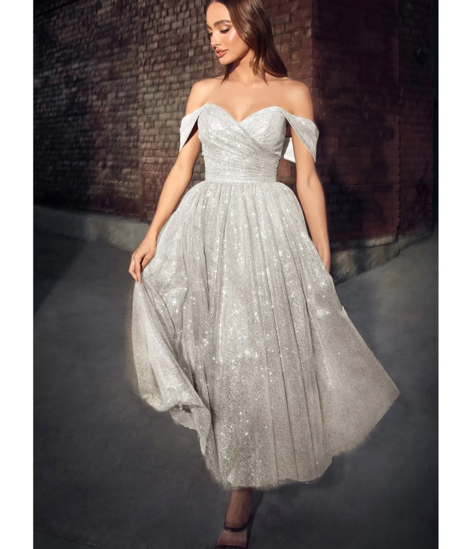 Unique Vintage Special Occasion|Prom Dresses>Cinderella Divine Off White Glitter Off The Shoulder Tea Length Gown