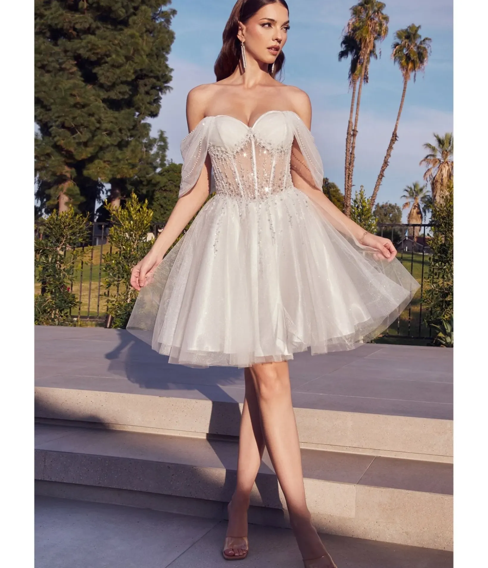Unique Vintage Special Occasion|Prom Dresses>Cinderella Divine Off White Glitter Tulle Off Shoulder Corset Mini Dress