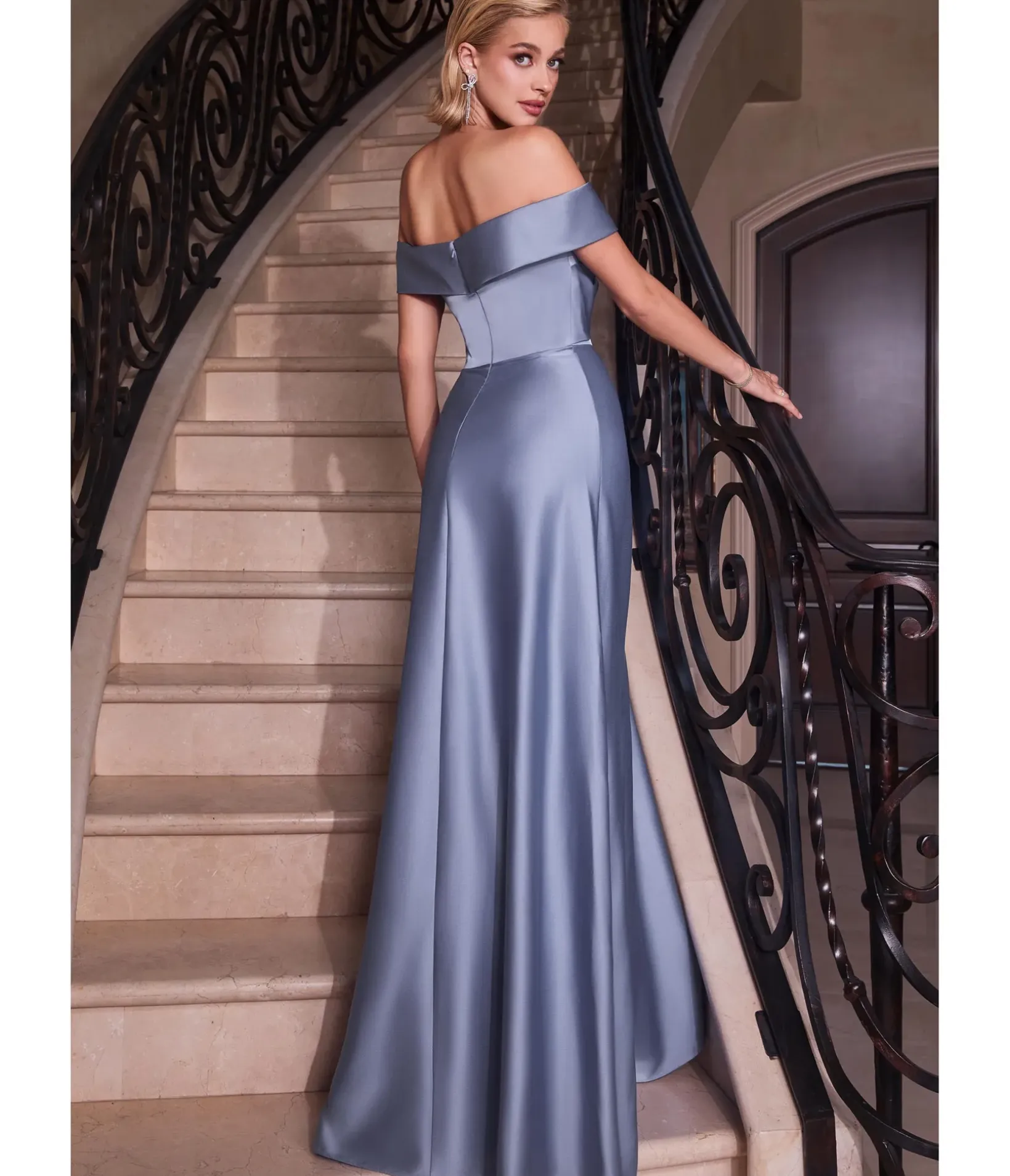 Unique Vintage Special Occasion|Prom Dresses>Cinderella Divine Paris Blue Satin Off The Shoulder Prom Gown