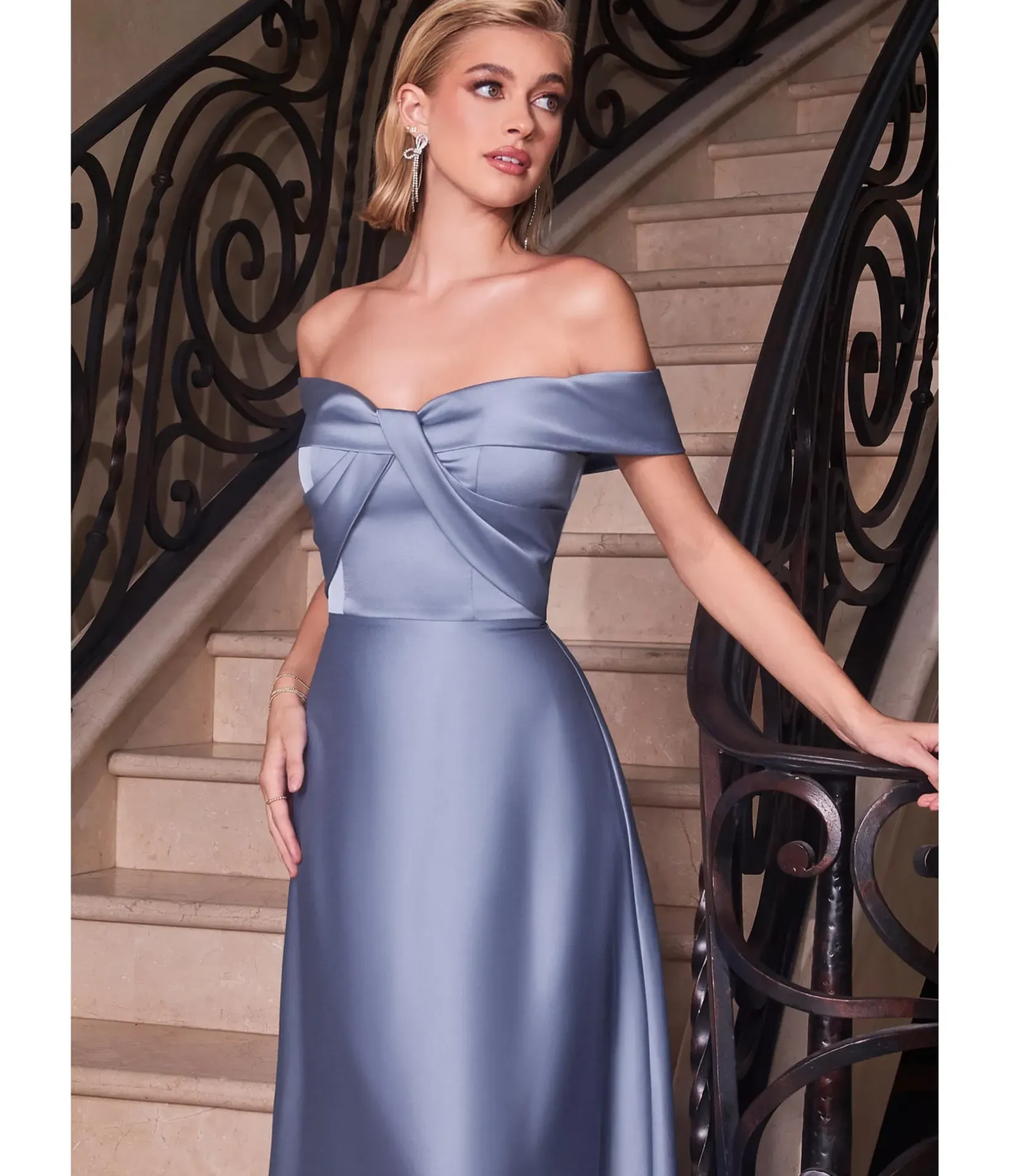 Unique Vintage Special Occasion|Prom Dresses>Cinderella Divine Paris Blue Satin Off The Shoulder Prom Gown