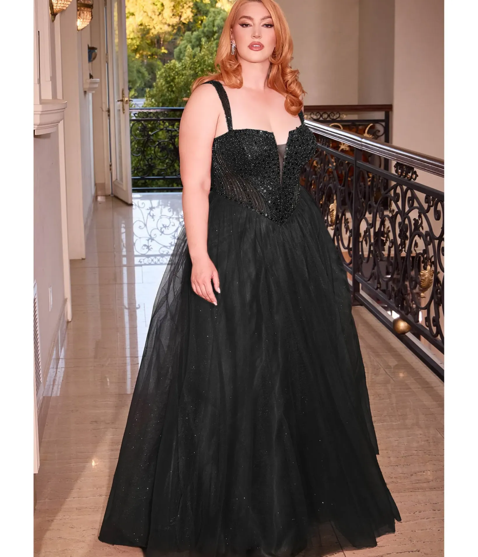 Unique Vintage Special Occasion|Prom Dresses>Cinderella Divine Plus Size Black Glitter Bodice & Tulle Prom Ball Gown
