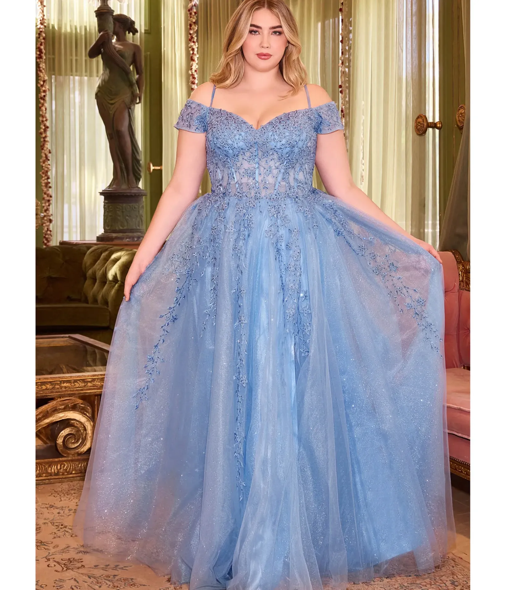 Unique Vintage Special Occasion|Prom Dresses>Cinderella Divine Plus Size Blue Glitter Tulle Off The Shoulder Applique Slit Gown