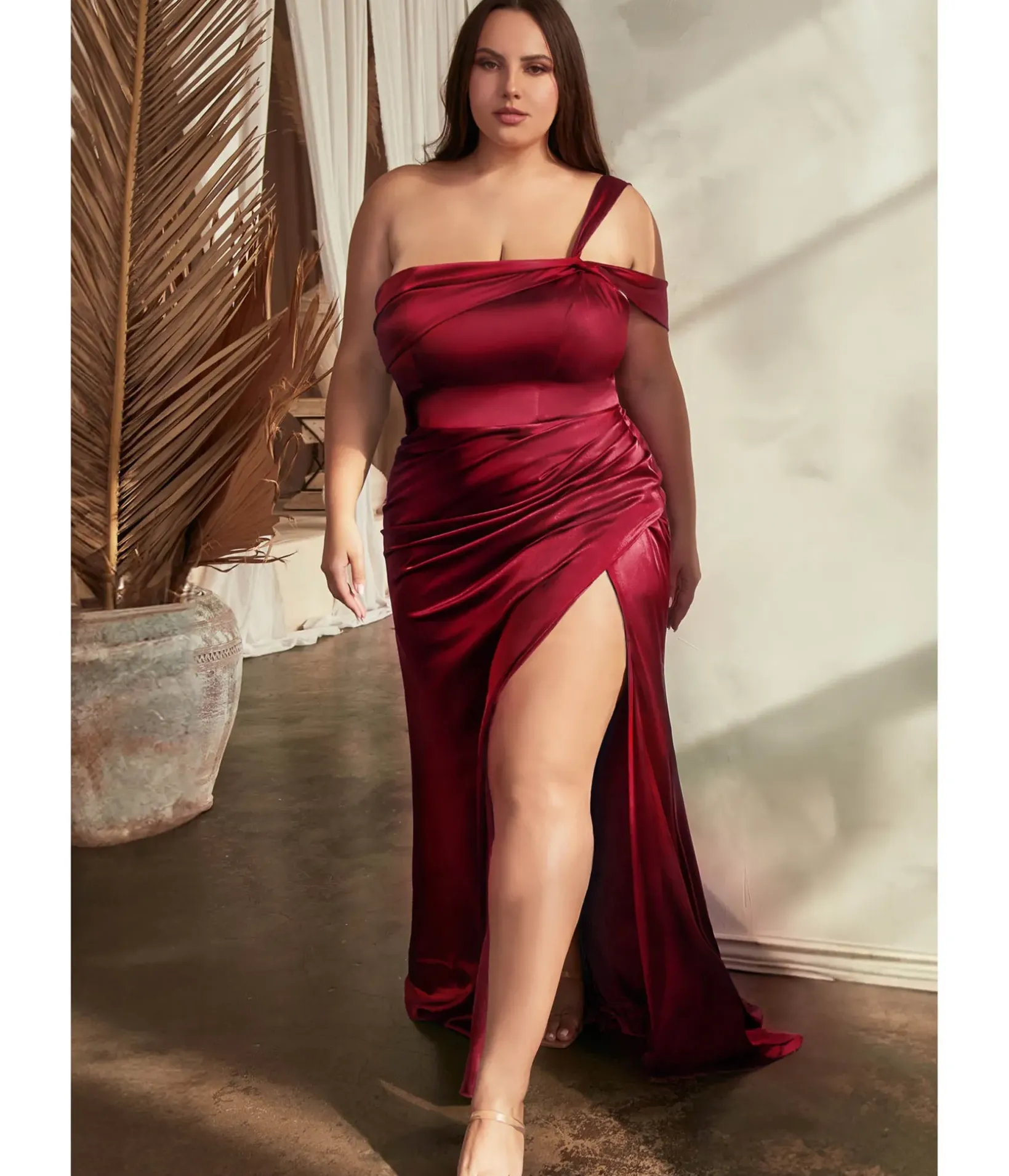 Unique Vintage Special Occasion|Prom Dresses>Cinderella Divine Plus Size Burgundy Ruched Satin One Shoulder Evening Gown