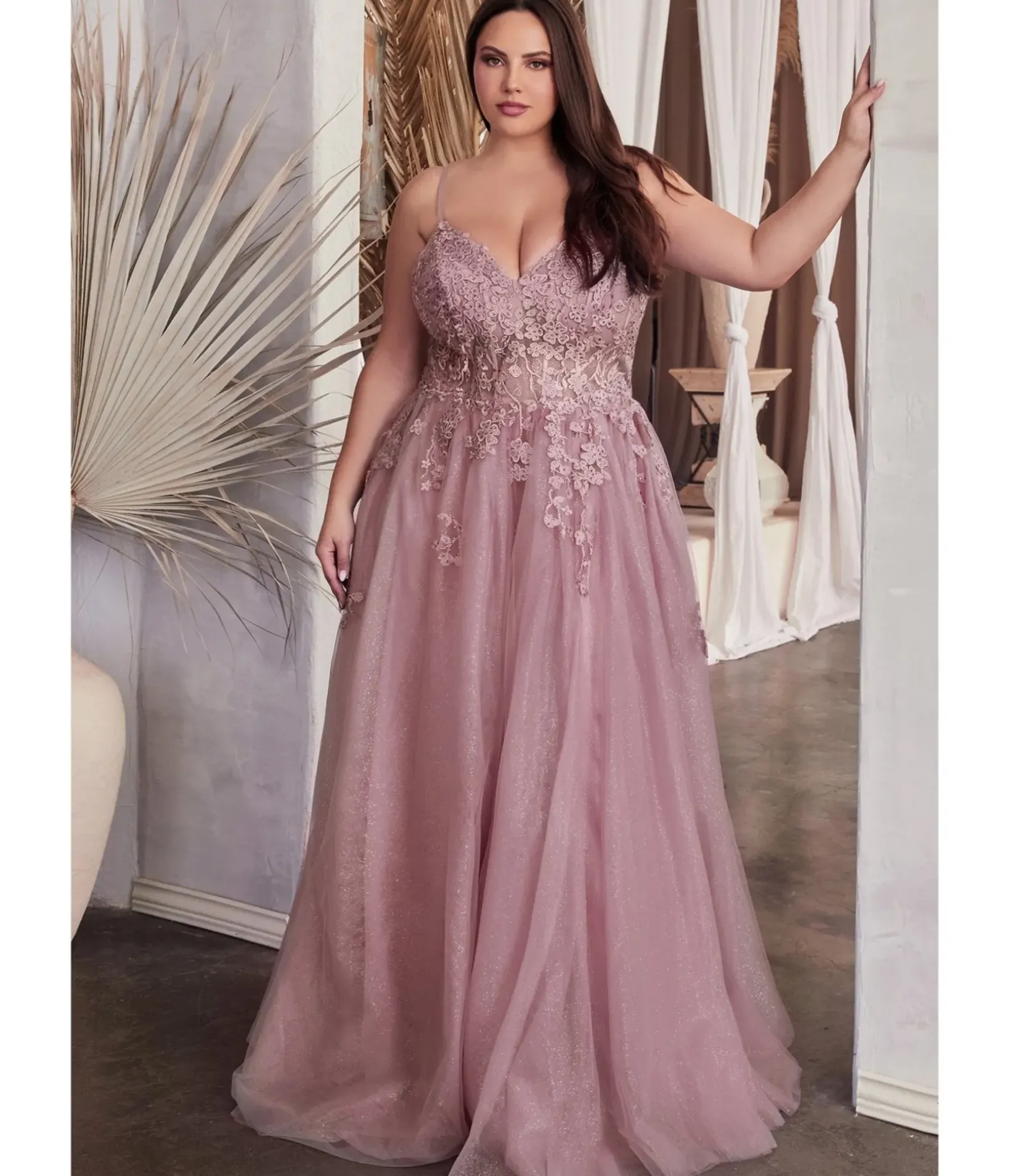 Unique Vintage Special Occasion|Prom Dresses>Cinderella Divine Plus Size Dusty Mauve A Line Lace & Tulle Bridesmaid Gown