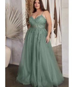Unique Vintage Special Occasion|Prom Dresses>Cinderella Divine Plus Size Dusty Teal A Line Lace & Tulle Bridesmaid Gown