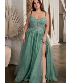 Unique Vintage Special Occasion|Prom Dresses>Cinderella Divine Plus Size Dusty Teal Foliage Applique Corset Tulle Gown